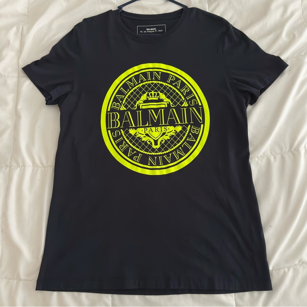 Balmain Paris Flocked Coin Men’s Blue Short Sleeve T-shirt Size Medium Authentic